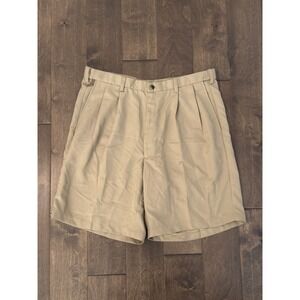 Haggar Mens Pleated Beige Shorts Size 38W Expandable Waist Stretch 9" Inseam